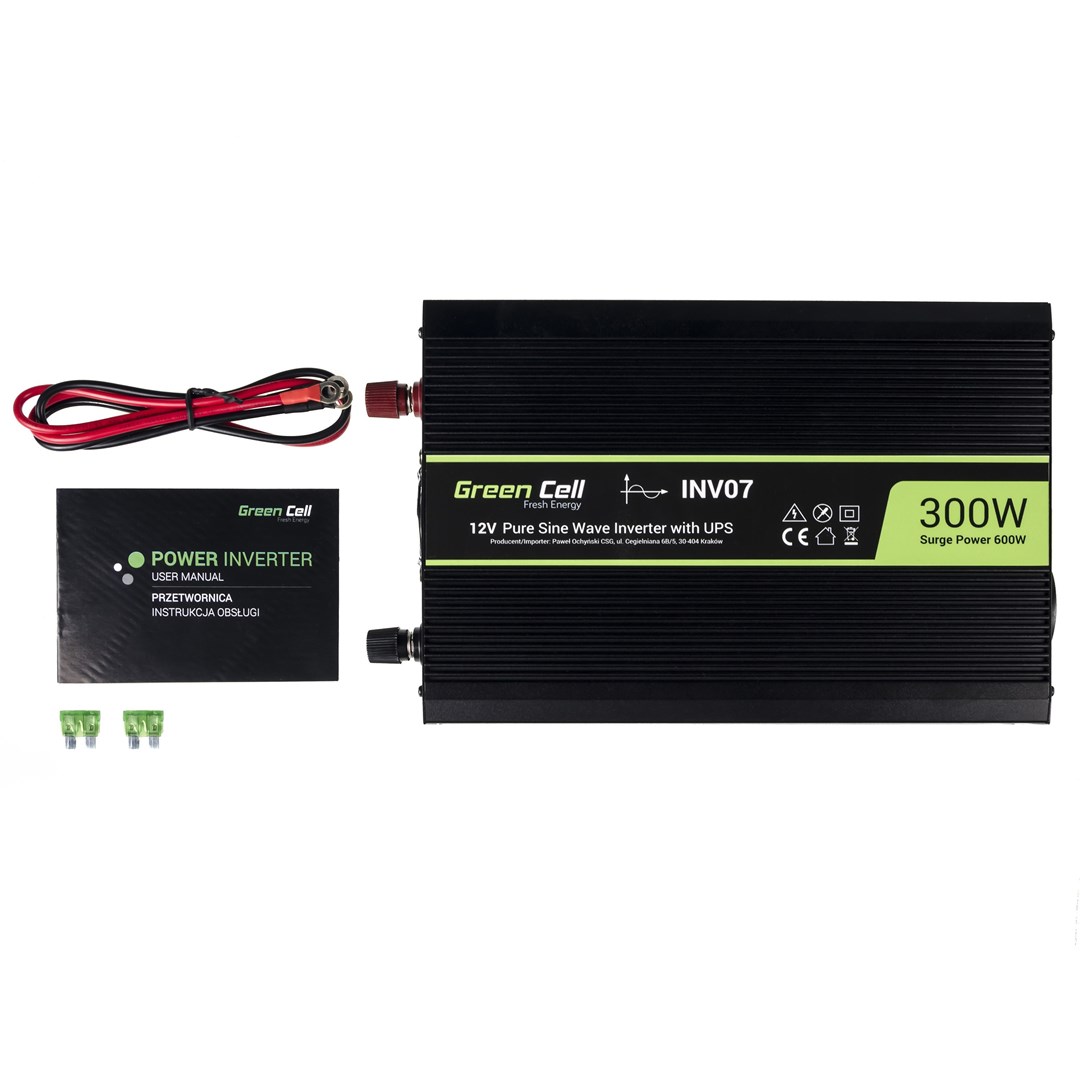 Inverter për veturë Green Cell INV07, 12 V në 230 V, 300 W, i zi