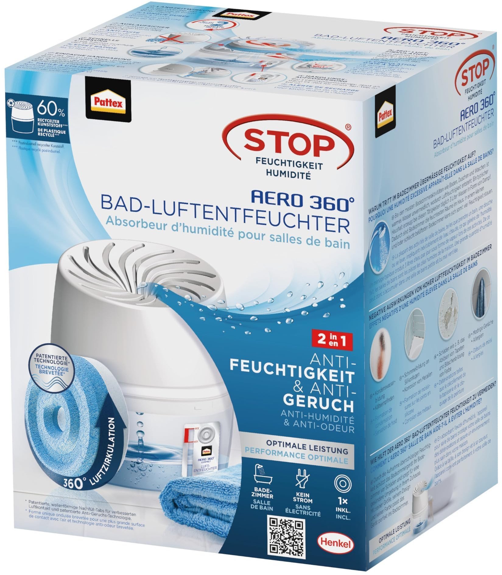 Dehumidifikues ajri Pattex AERO 360, për banjo, përfshin tabletë 450 g, i bardhë