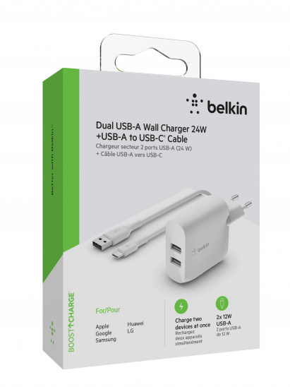 Karikues muri Belkin BOOST CHARGE 24w + USB-A Dual 1m, i bardhë