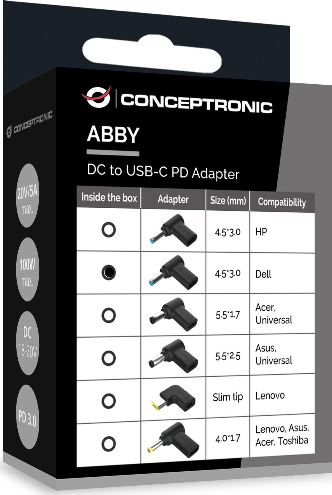 Adaptor energjie Conceptronic ABBY15PC02 DC në USB C për Dell 4.5x3.0mm, 18 20V, i zi