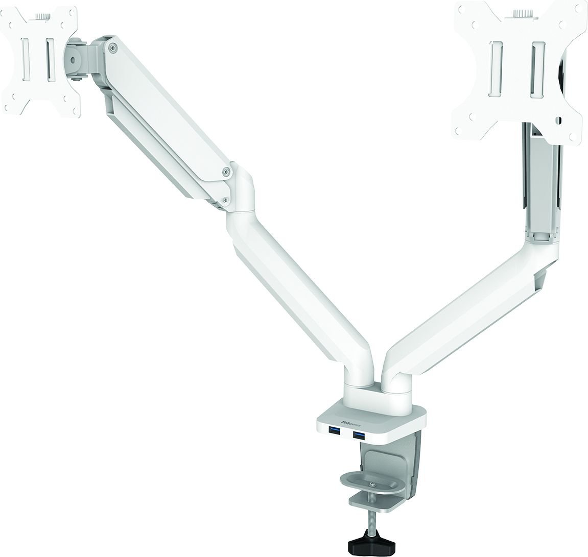 Krah monitori i dyfishtë Fellowes 8056301, për monitorë 27", rrotullim 360°, i bardhë