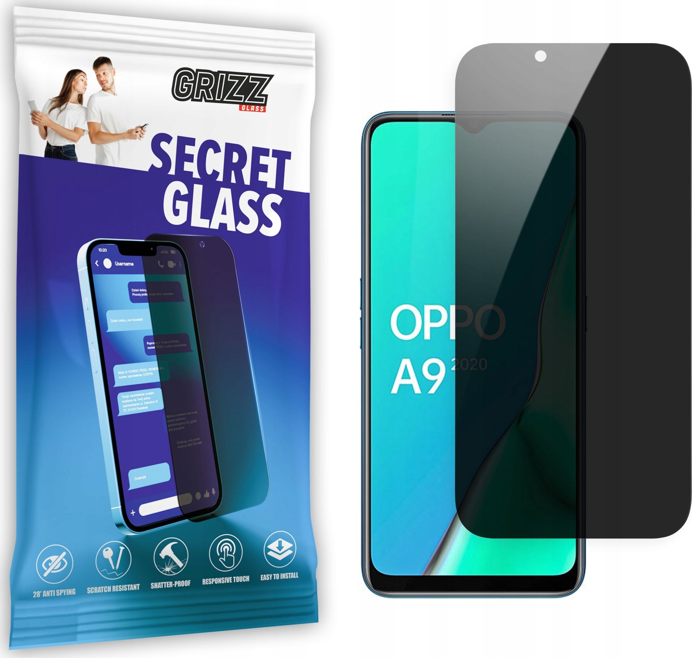 Xham mbrojtës privatësie Grizz SecretGlass për Oppo A9 2020, i zi
