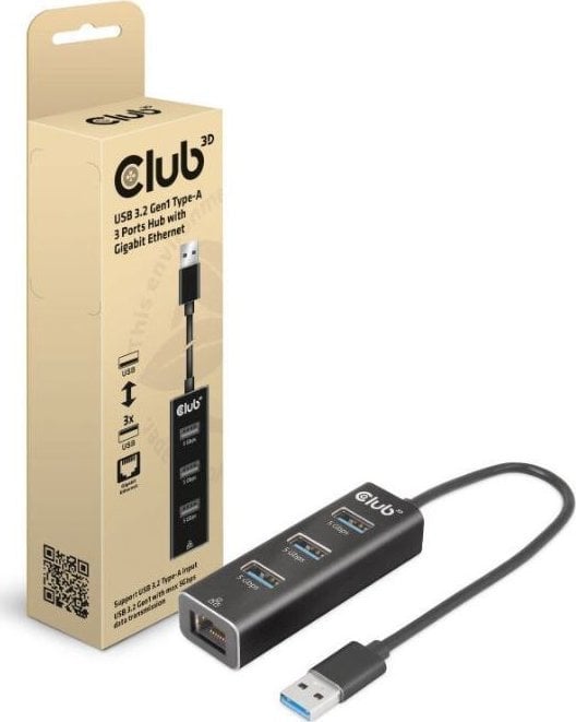 Splitter USB Club 3D CSV-1430a, USB-A 3.2 Gen1 në 3x USB 3.1, Gigabit Ethernet, i zi