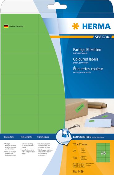 Etiketa ngjitëse Herma Color Labels 4469, A4, 70 x 37 mm, letër jeshile mat