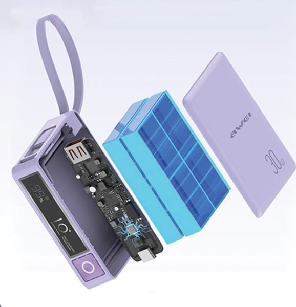 Powerbank Awei P87K, 10000mAh, 30W, me kabllo të integruar, i zi