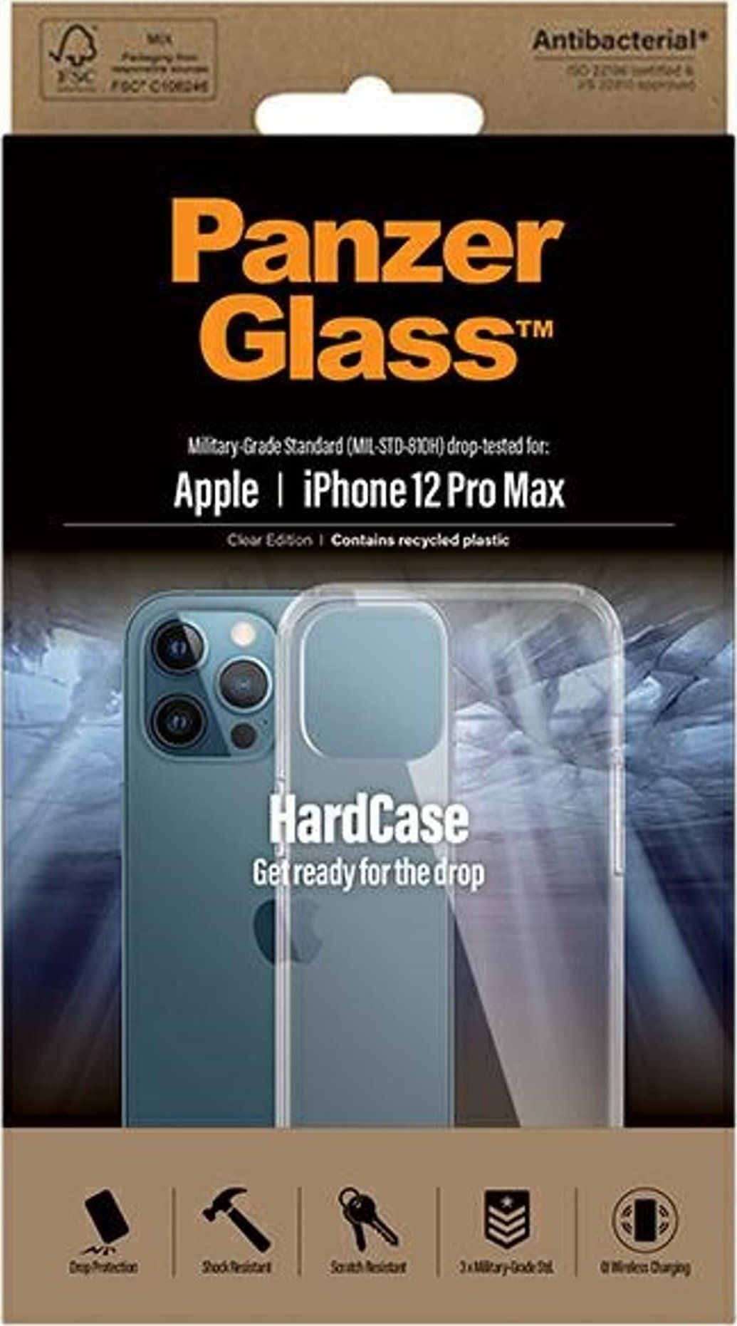 Mbështjellëse PanzerGlass ClearCase për iPhone 12 Pro Max, xham i temperuar antibakterial, mbrojtje ushtarake, transparente