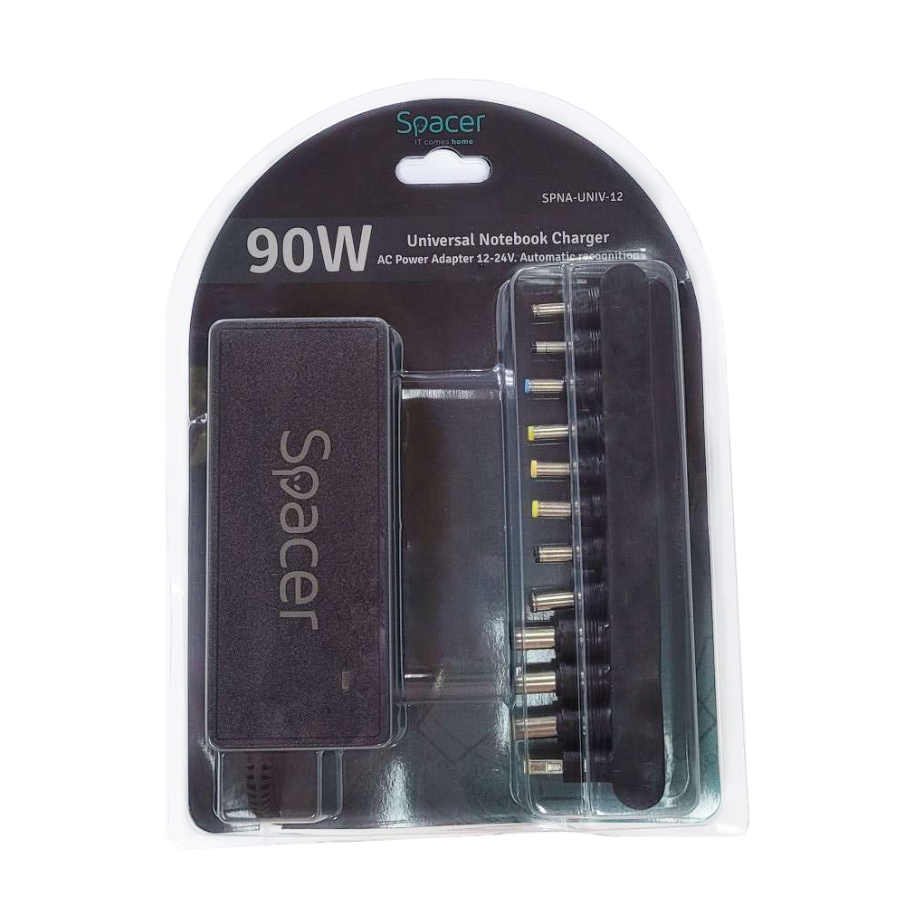 Karikues universal për laptop Spacer SPNA-UNIV-12, 90W, 12 konektorë, i zi