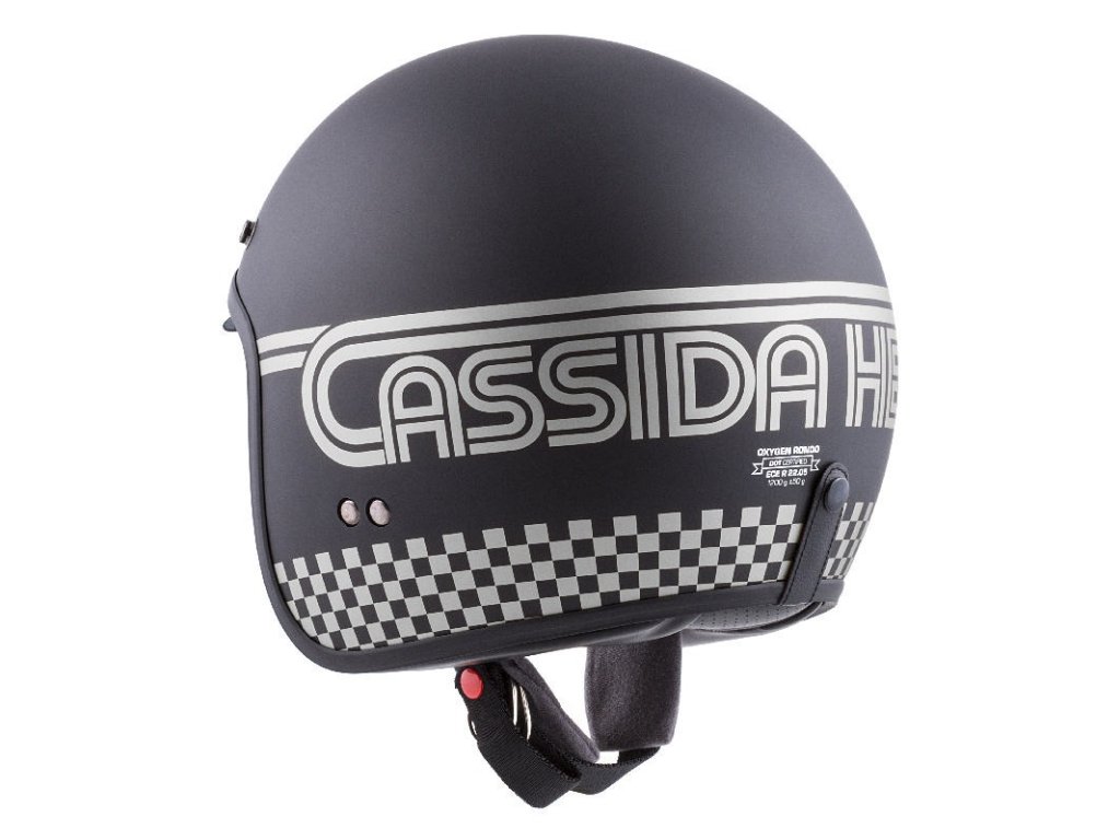 Helmeta moto Cassida Oxygen Rondo, polikarbonat, vizor dielli, e zezë mat me argjend