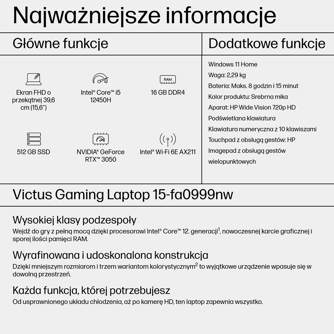 Laptop HP Victus 15-fa0999nw, 15.6" FHD 144Hz, i5-12450H, 16GB 512GB RTX 3050, gri