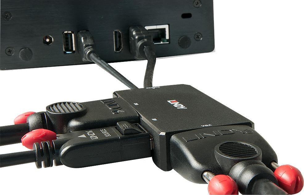 Konvertor video Lindy HDMI, në DisplayPort DVI dhe VGA, 4K, i zi
