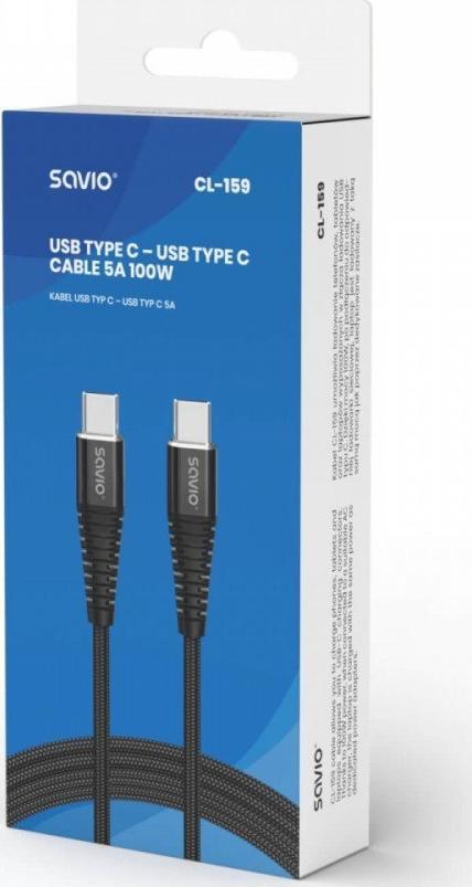 Kabllo USB Savio USB A në USB C, 1m, 100W, i zi