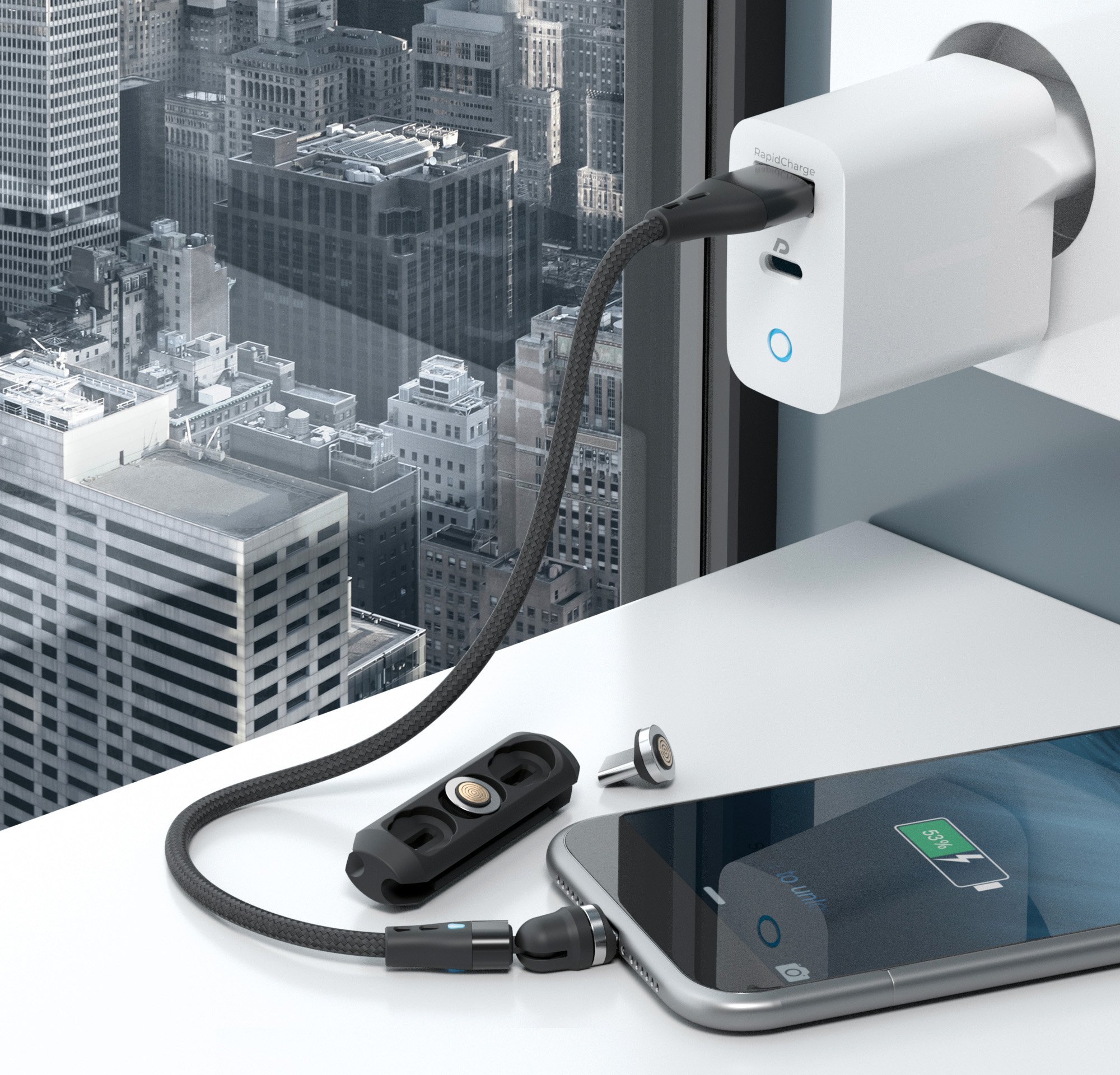 Kabllo magnetike RealPower Magnetic Cable 3A, 20cm, me adapterë, e zezë
