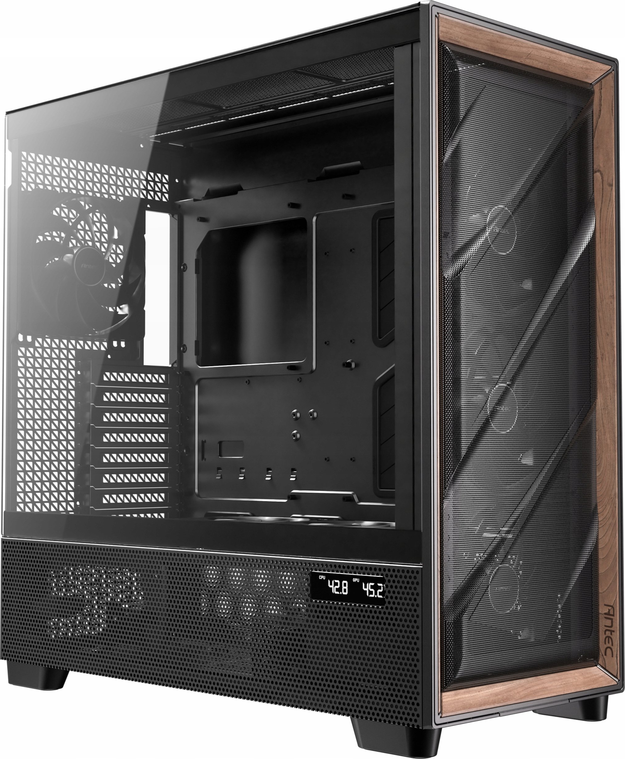 Kuti kompjuteri Antec FLUX PRO EUV, Full Tower, me ekran temperature, e zezë me dru