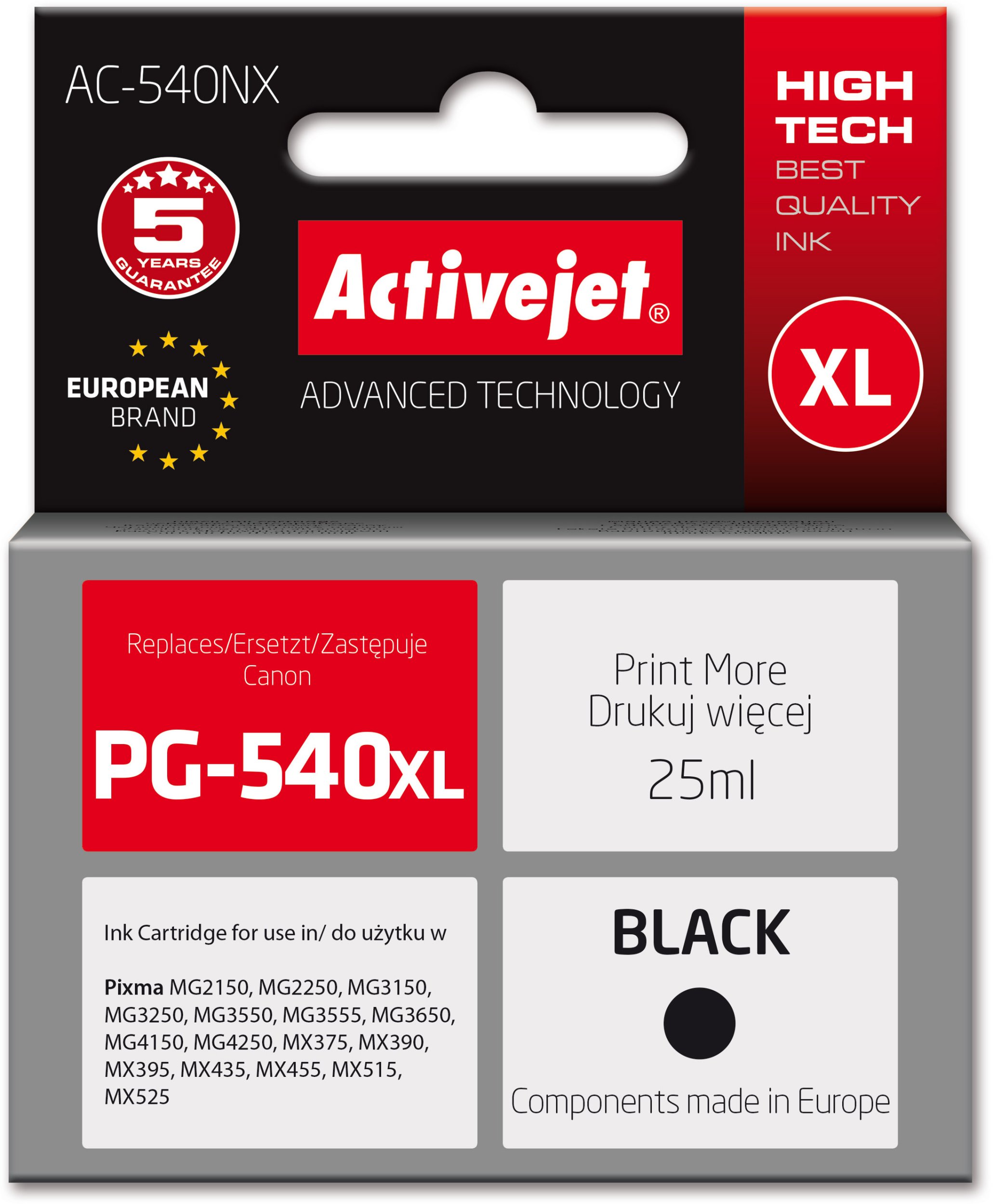 Kasetë boje Activejet AC-540NX, 25ml, zëvendësim për Canon PG-540XL, e zezë