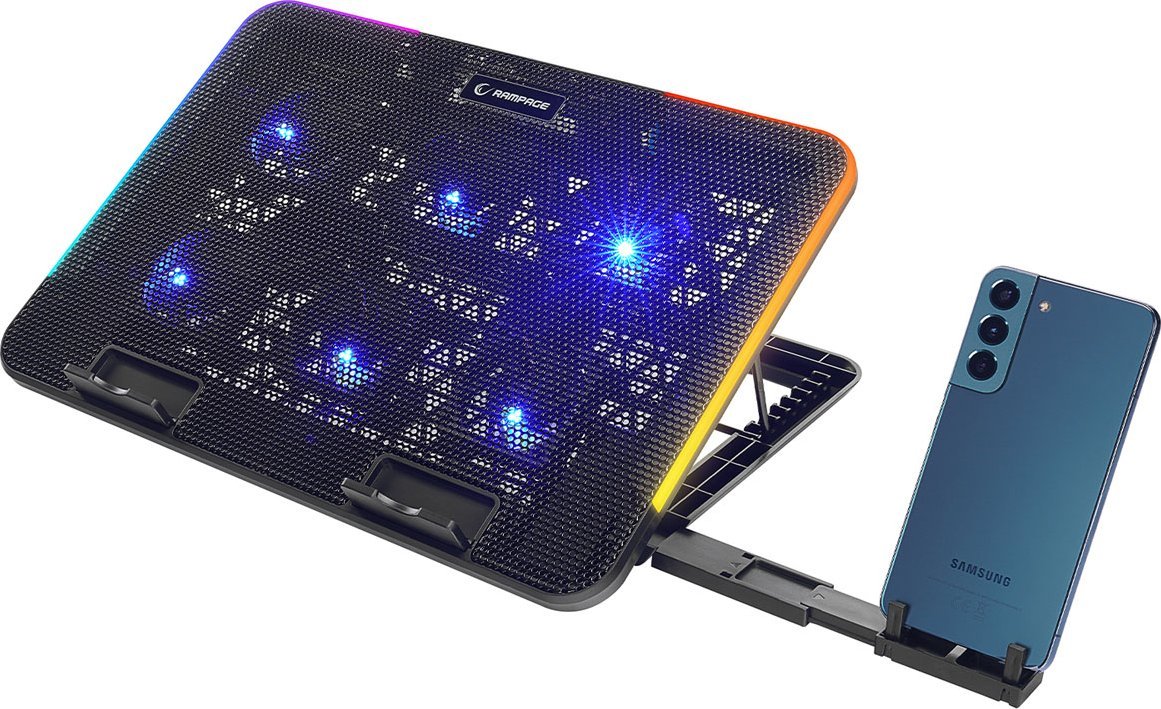Ftohës notebook Rampage SIXPOWER R9, 6 ventilatorë RGB, me mbajtëse telefoni, i zi