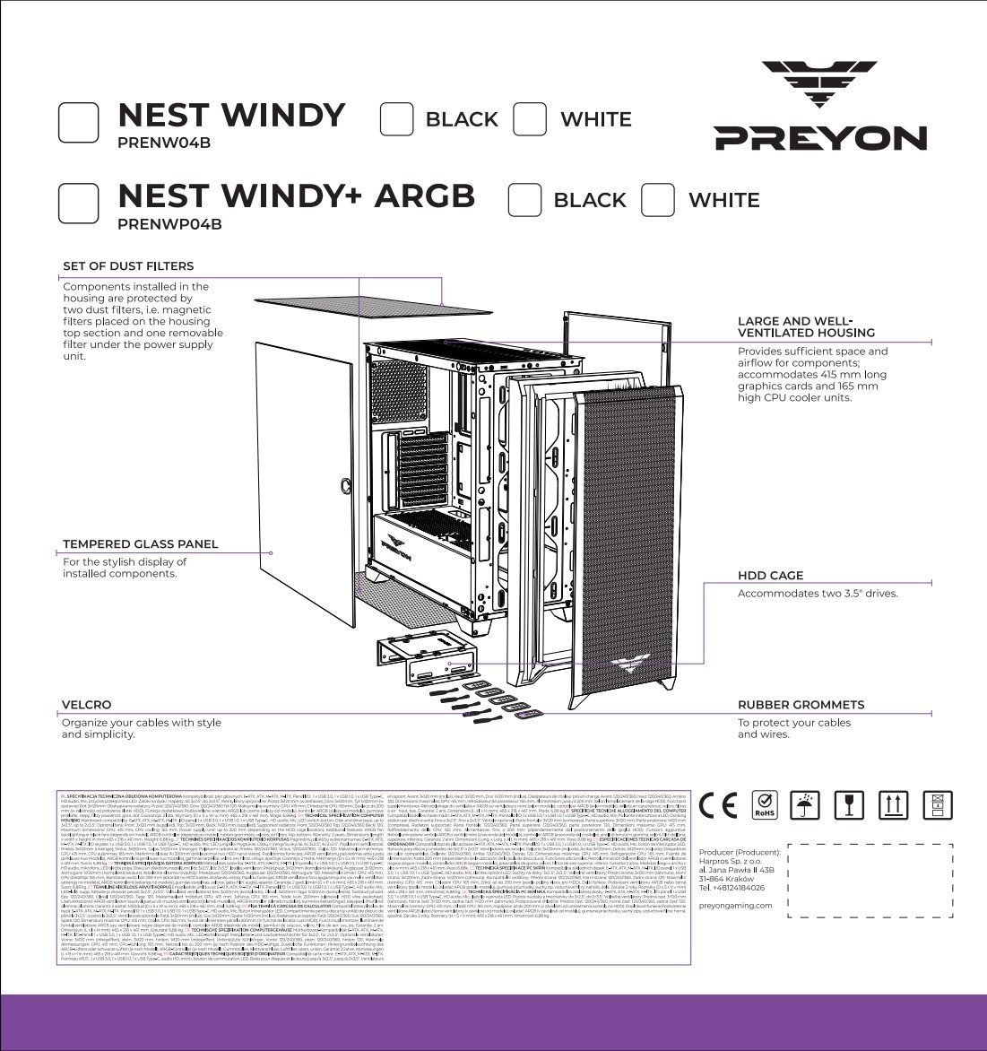 Kuti kompjuteri PREYON Nest Windy+, Midi Tower, USB Type C, e bardhë me furnizim PREYON Eagle Power Gold 750W
