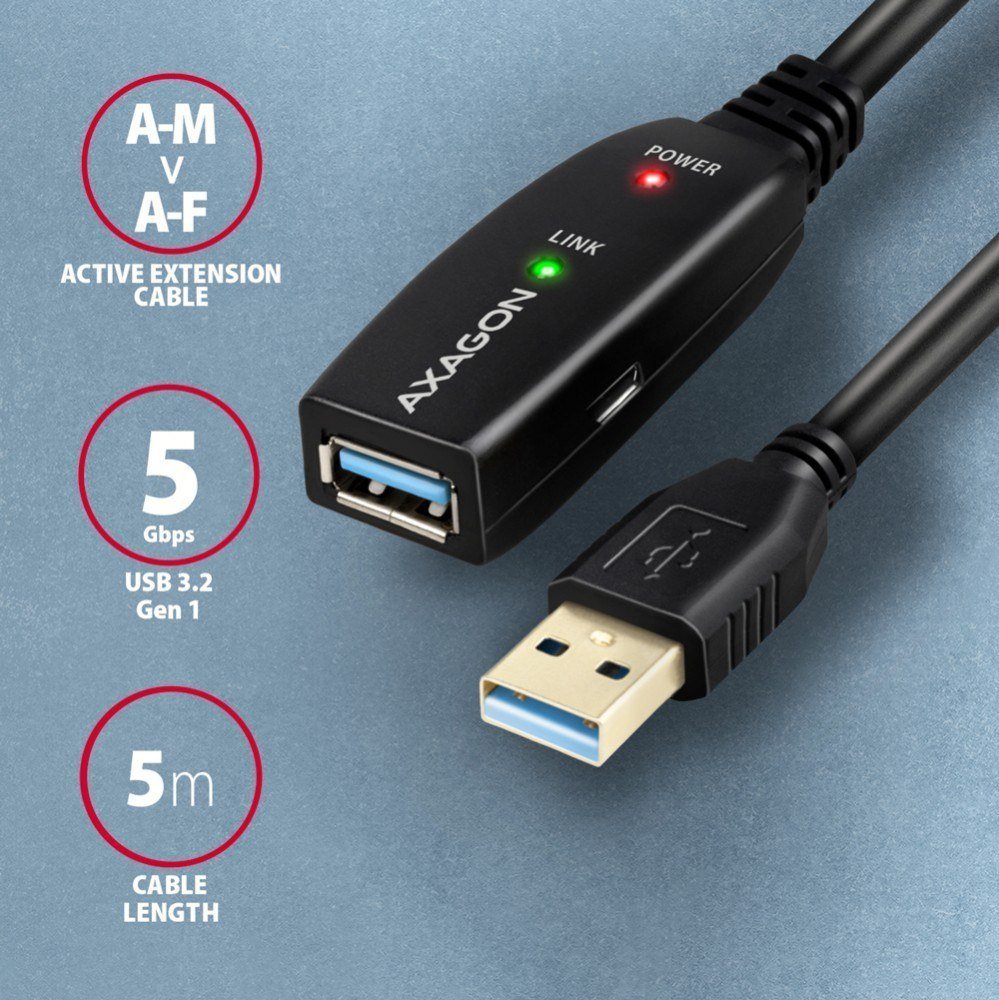 Kabllo USB Axagon ADR-305, USB A në USB A, 5 m, e zezë