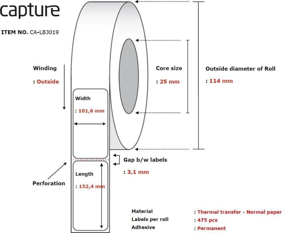 Rrotull etiketa Capture Label 101.6x152.4, ngjitje e përhershme, të bardha