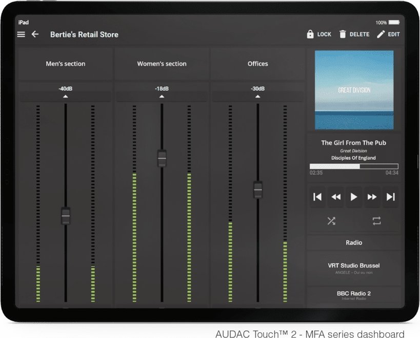 Amplifikator audio Audac MFA208, 2 x 40W 4 Ohm, 80W 70/100V, i zi