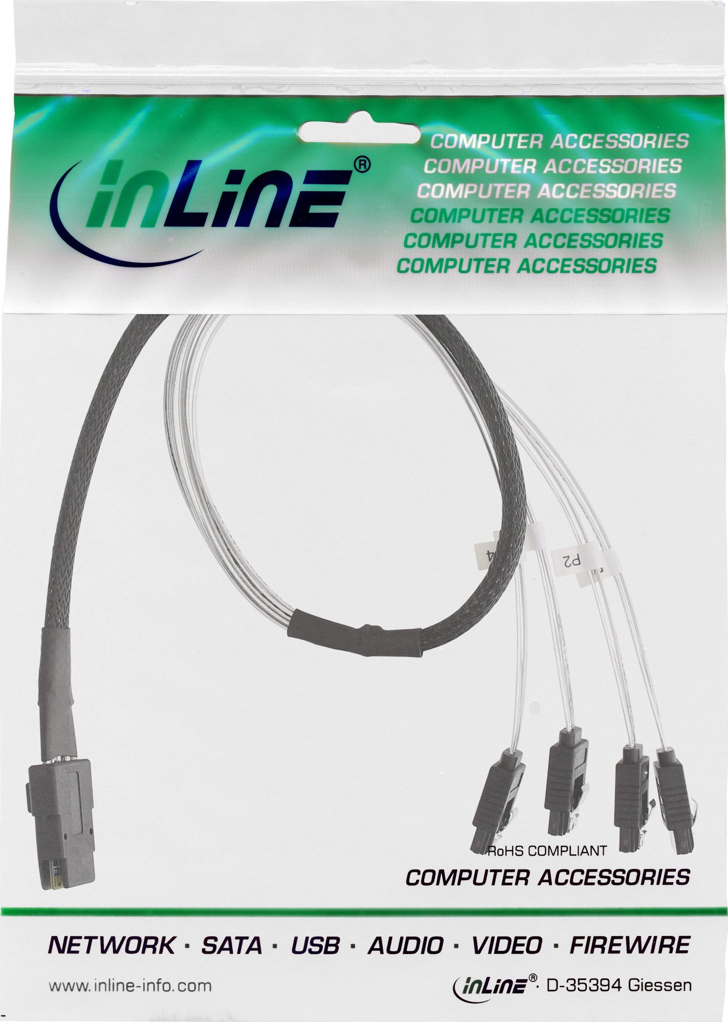 Внатрешен кабел SAS INLINE Crossover OCF, Мини SAS SFF-8087 во 4x SATA, 1 m, црн