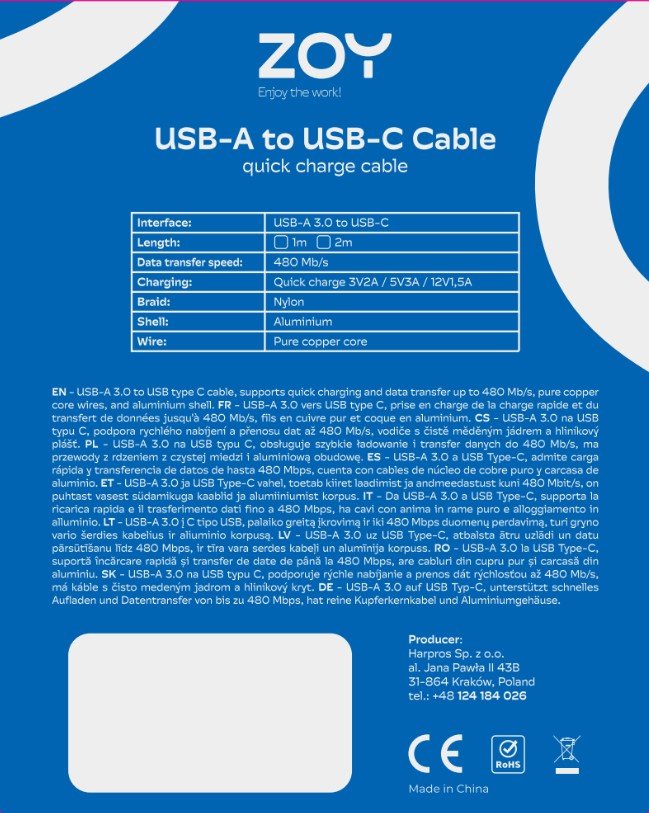 Kabllo ZOY USB-A - USB-C, 1m, e zezë / argjendtë
