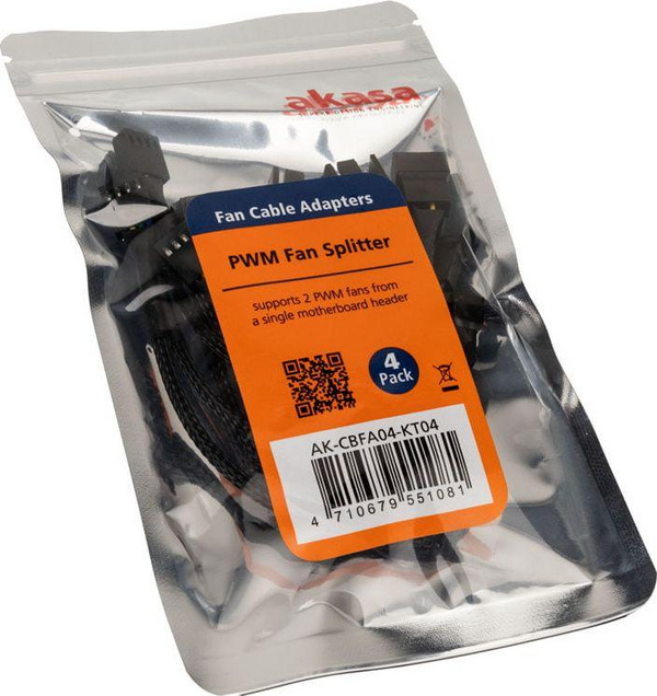 Kabllo ndarëse për ventilator Akasa AK-CBFA04-KT04, 4 pin në 2x 4 pin, set 4 copë, e zezë