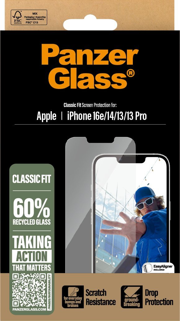 Mbrojtës ekrani PanzerGlass iPhone 16e 14 13 13 Pro Classic Fit, xham i temperuar, EasyAligner, transparent