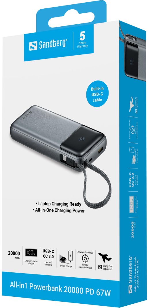 Powerbank Sandberg All-in1 421-29, 20000mAh, PD 67W, USB-C, USB-A