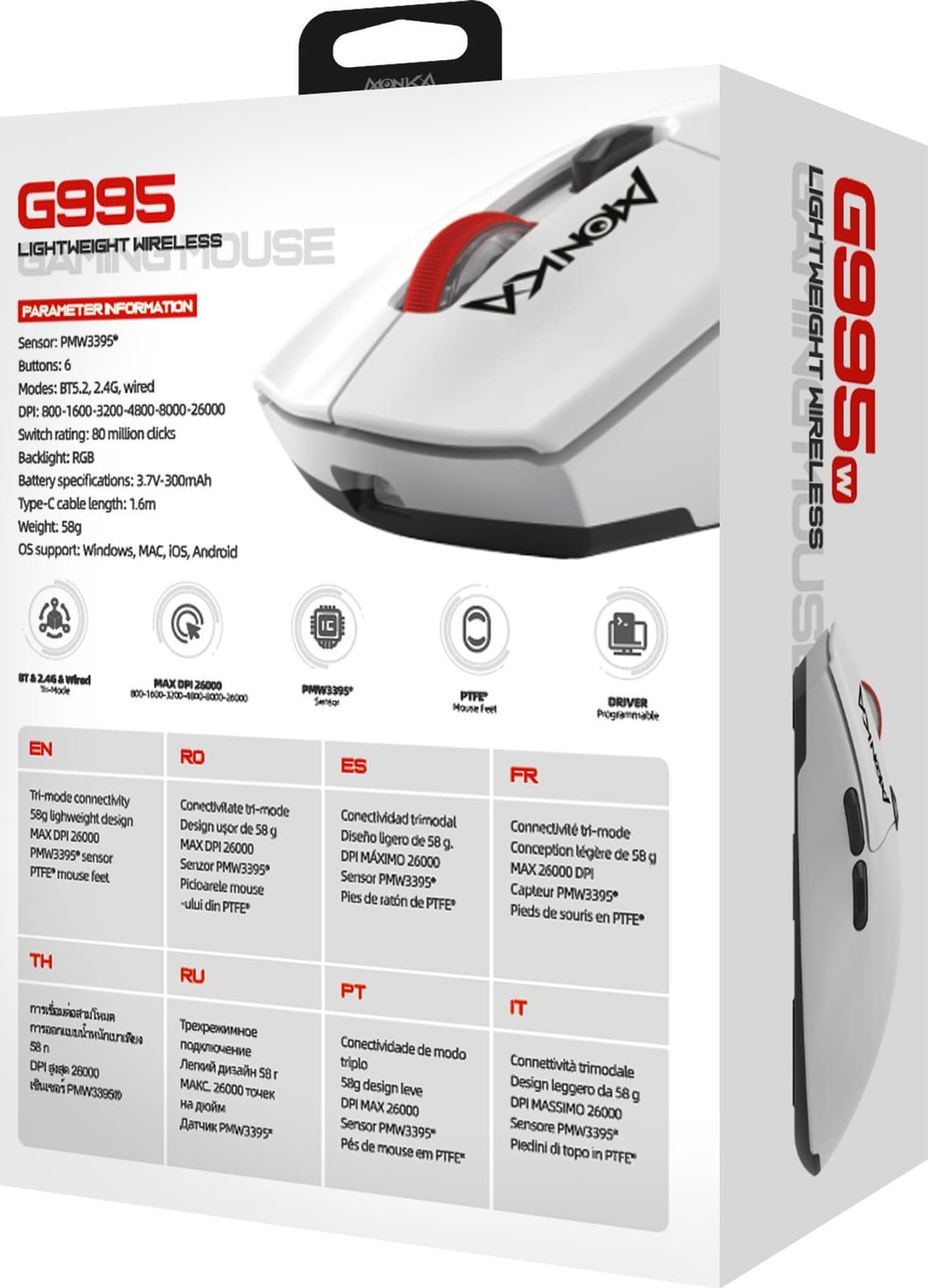 Mouse wireless për gaming Marvo MONKA G995W, 26000 DPI, RGB, i bardhë