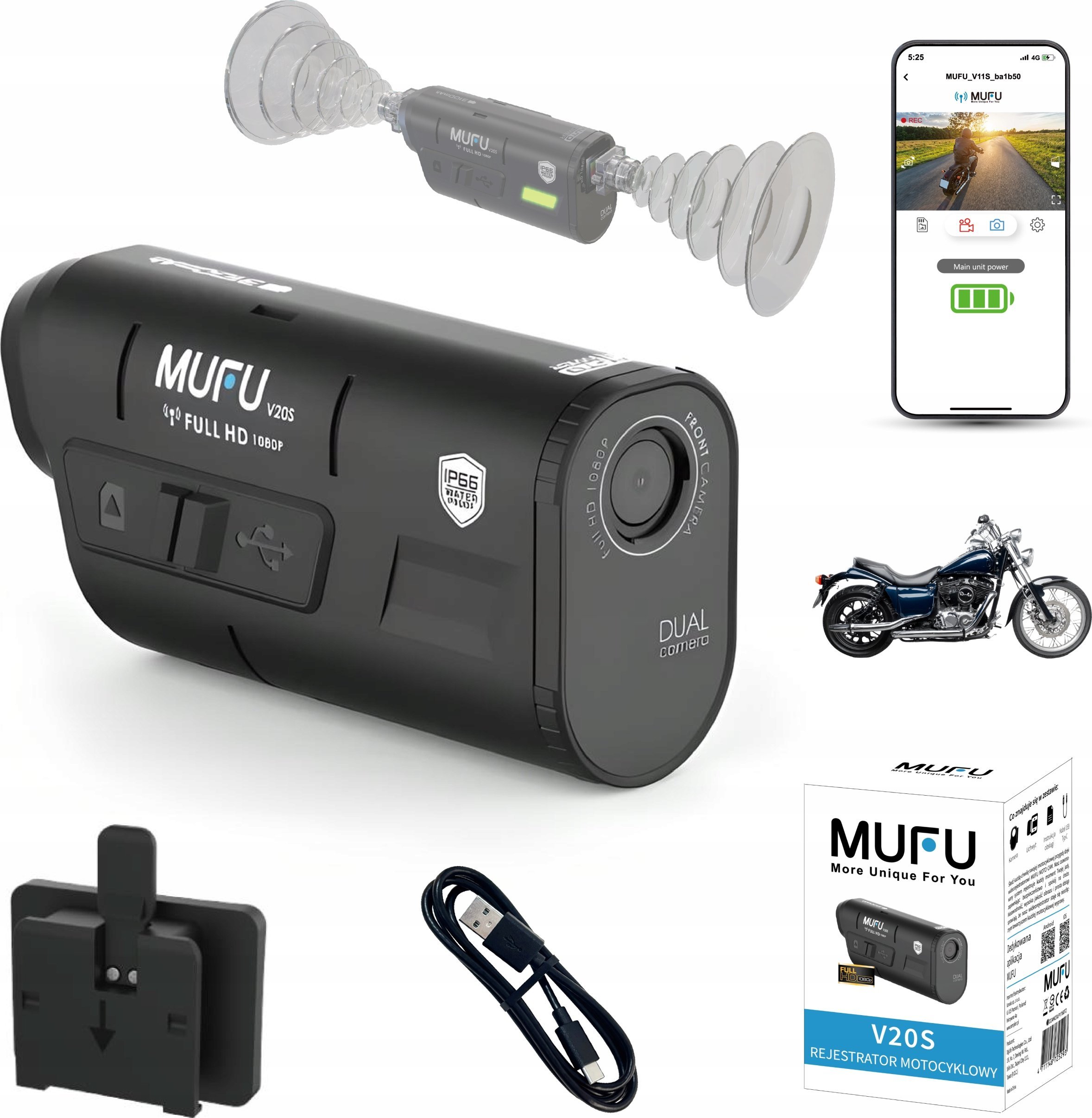 Kamerë sigurie për motoçikletë MUFU Motocam V20S, Full HD, IP66, e zezë