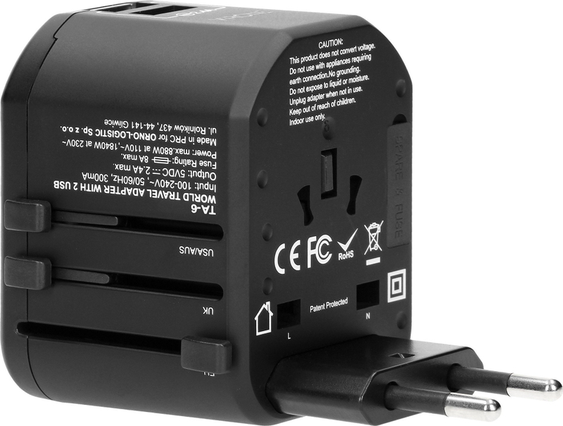 Adapter udhëtimi Virone GOworld Universal, 200 vende, 2xUSB, i zi