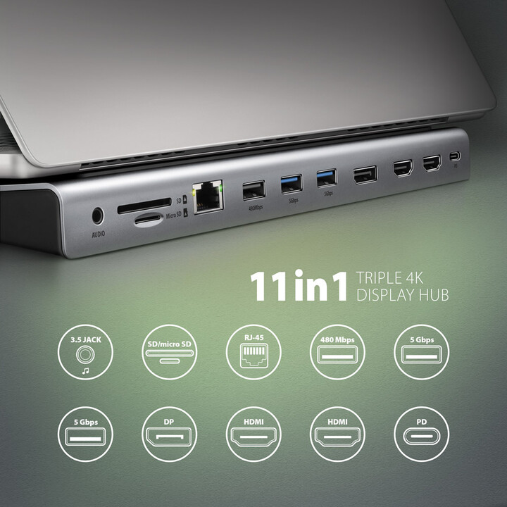 Docking Station AXAGON HMC-4KX3 USB-C 5GBPS TRIPLE 4K DISPLAY 11IN1, 40cm