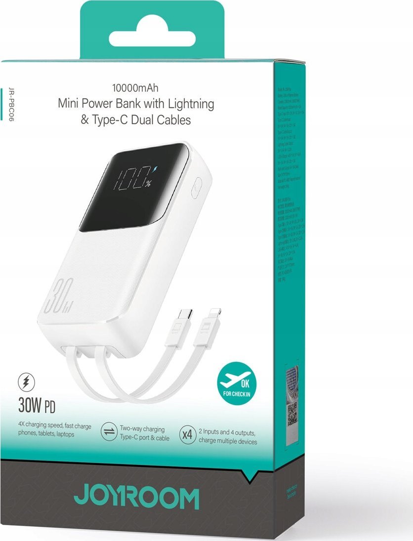 Powerbank Joyroom JR-PBC06, 10000mAh, 30W, kabllo USB C dhe Lightning të integruara