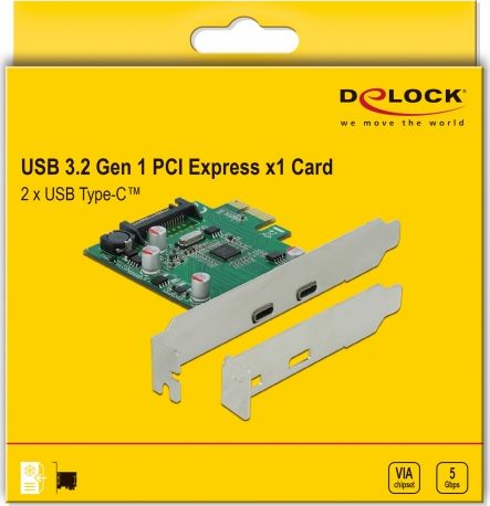 Kartë kontrolluese Delock 90493 PCIe 2.0 x1, 2x USB C 3.2 Gen 1, 5 Gbps, e zezë