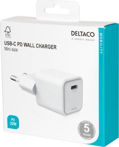 Karikues muri Deltaco USB C Mini, 1x USB C PD, 20W, i bardhë