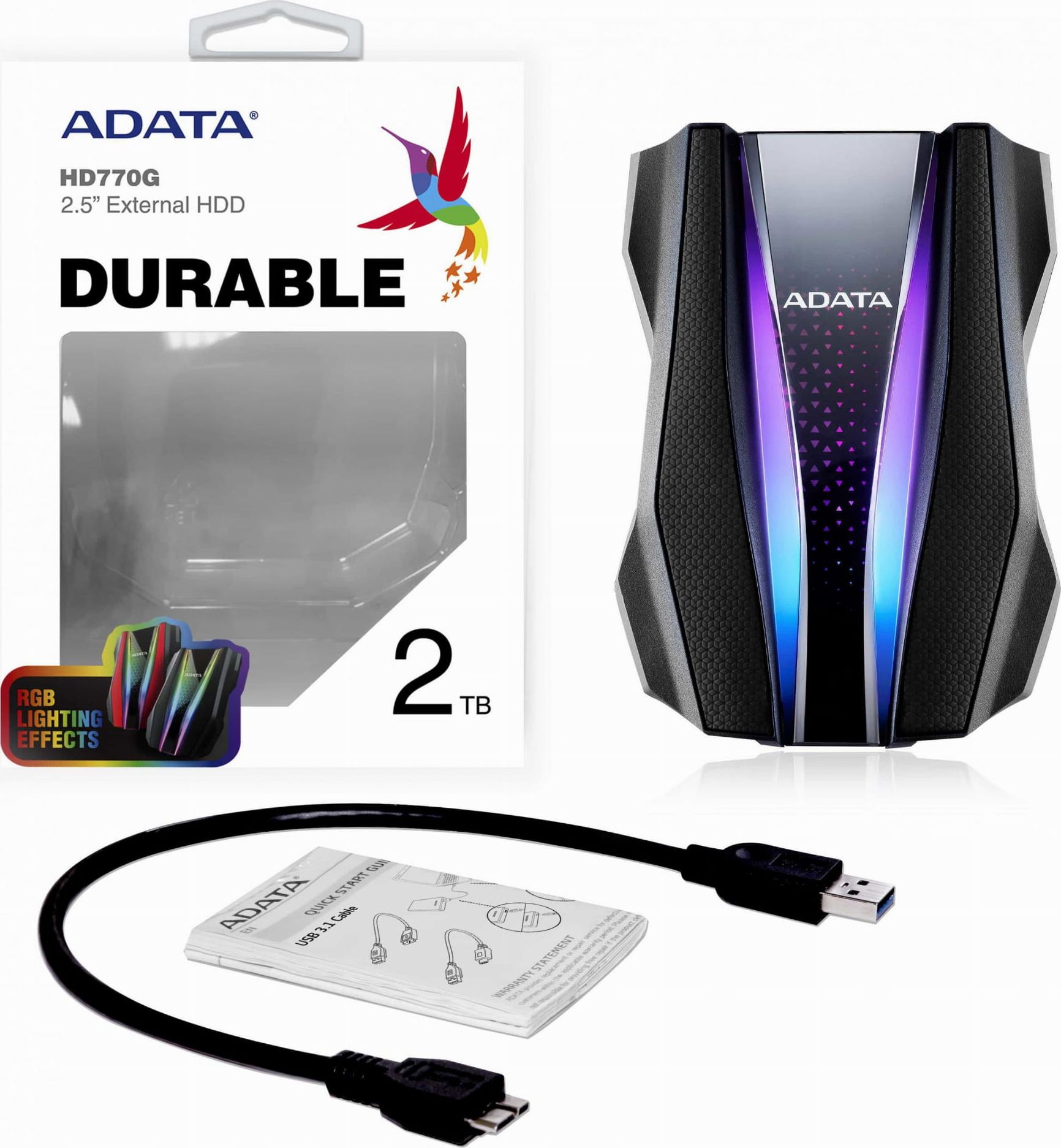 Hard disk i jashtëm ADATA HD770G, 2TB, USB 3.2, i zi