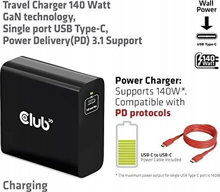 Karikues udhëtimi CLUB3D CAC-1914, 140W GaN, Power Delivery 3.1, USB Type C