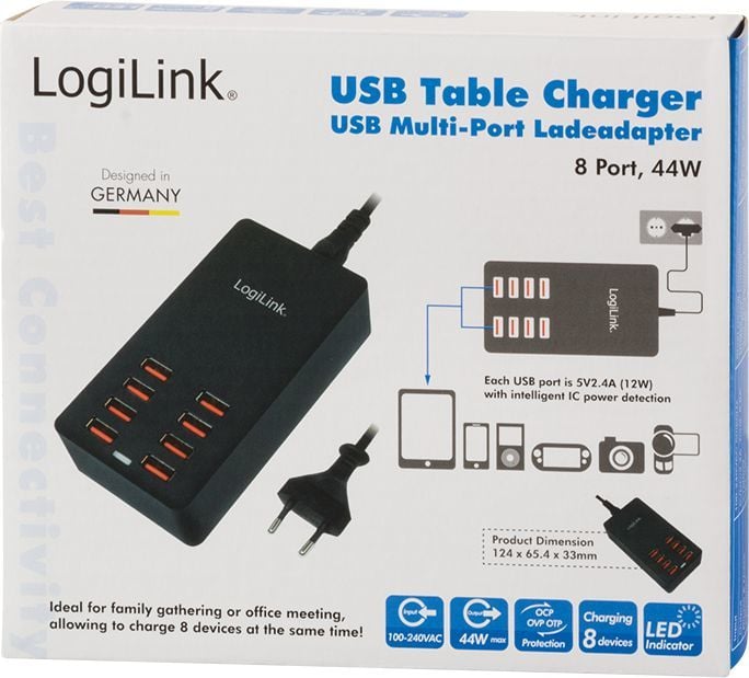 USB полнач LogiLink PA0140, 8x USB A, 44W