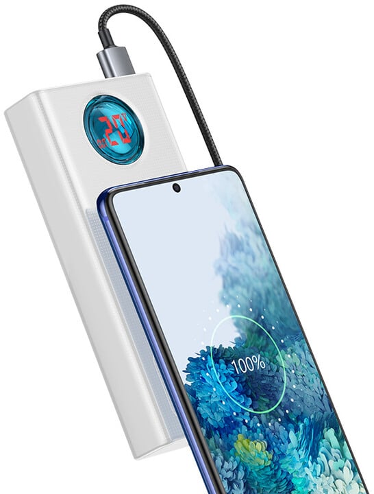 Powerbank me ekran dixhital Baseus Ambilight Overseas Edition, 30000mAh, QC, i zi + kabllo USB-C 65W, 1m, i bardhë