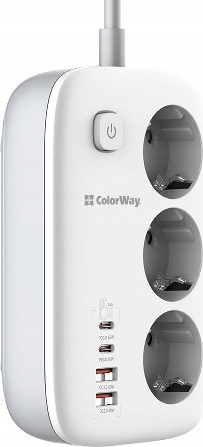 Мултифункционална приклучница ColorWay CW-CHE34PDW, 4x USB, 2m, бела