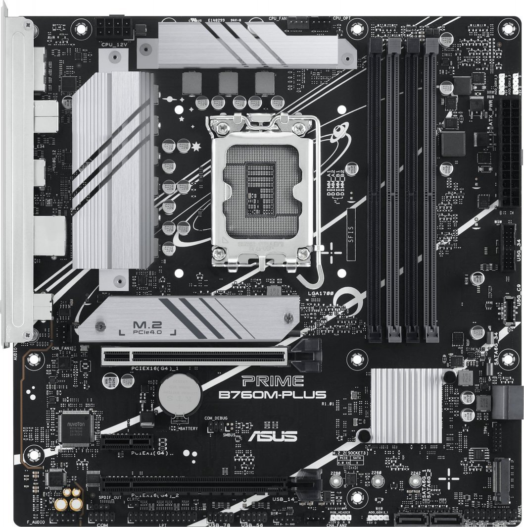 Матична плоча Asus PRIME B760M-PLUS, Intel B760 чипсет, Socket 1700, 4 слотови за RAM, Micro ATX форм-фактор.