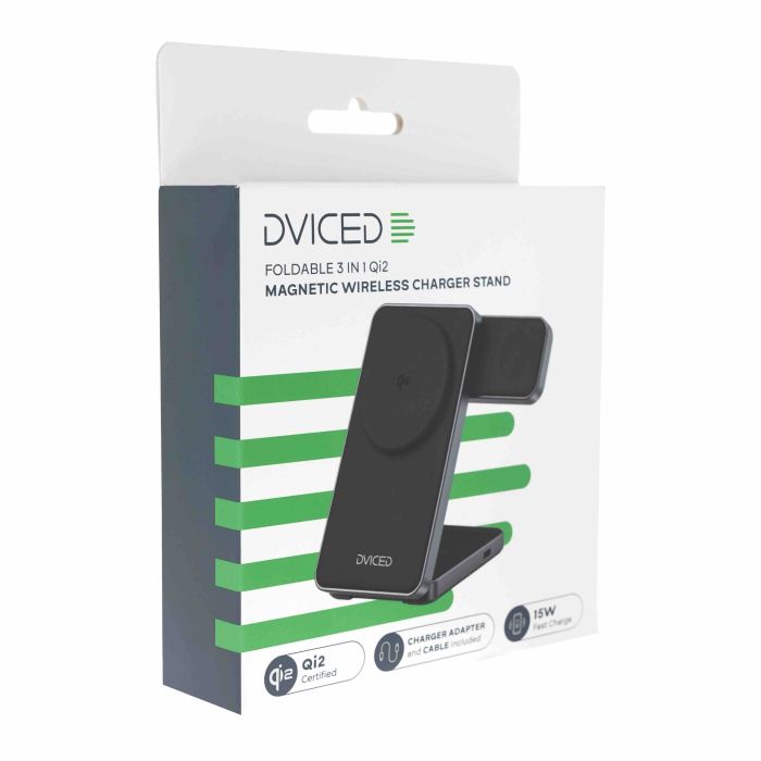 Dviced 3-in-1 Foldable Qi2 Magnetic Wireless Charger Stand W Cable, Wall Charger, Black