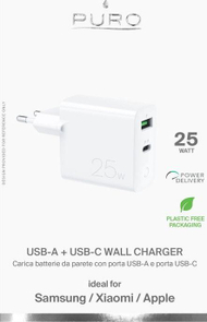 Karikues udhëtimi Puro Mini Fast, 25W, 1x USB A 1x USB C, i bardhë