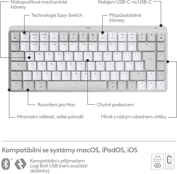 Tatierë Logitech MX Mechanical Mini për Mac, gri e çelët
