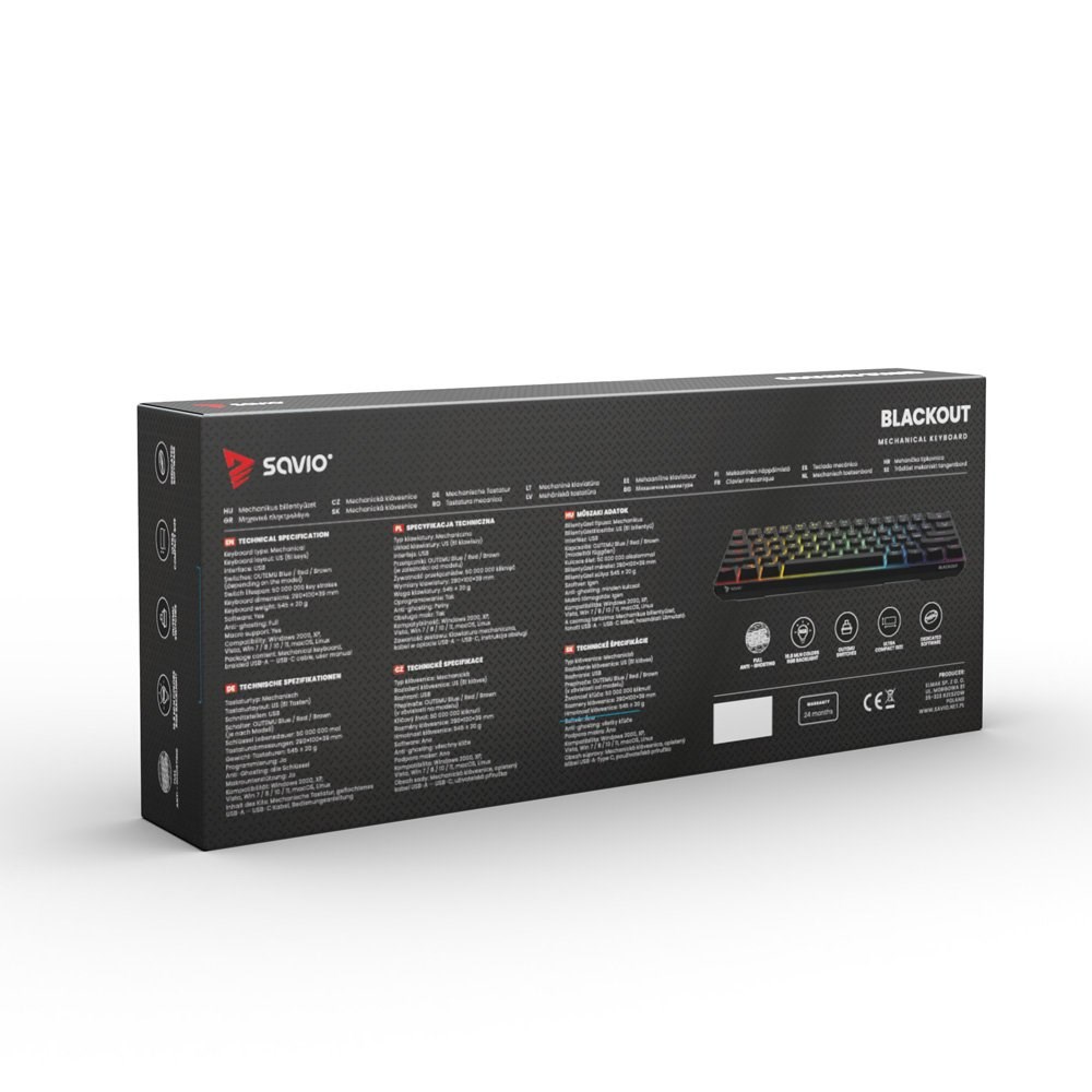 Tastierë mekanike Gaming Savio BLACKOUT, USB, Outemu Brown,RGB, e zezë
