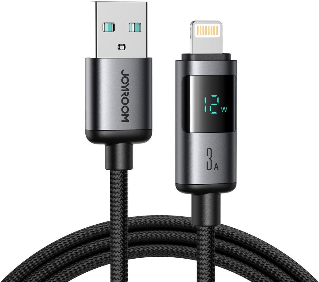 Kabllo karikues Joyroom USB A në Lightning, 3A, 1.2m, me ekran, gri
