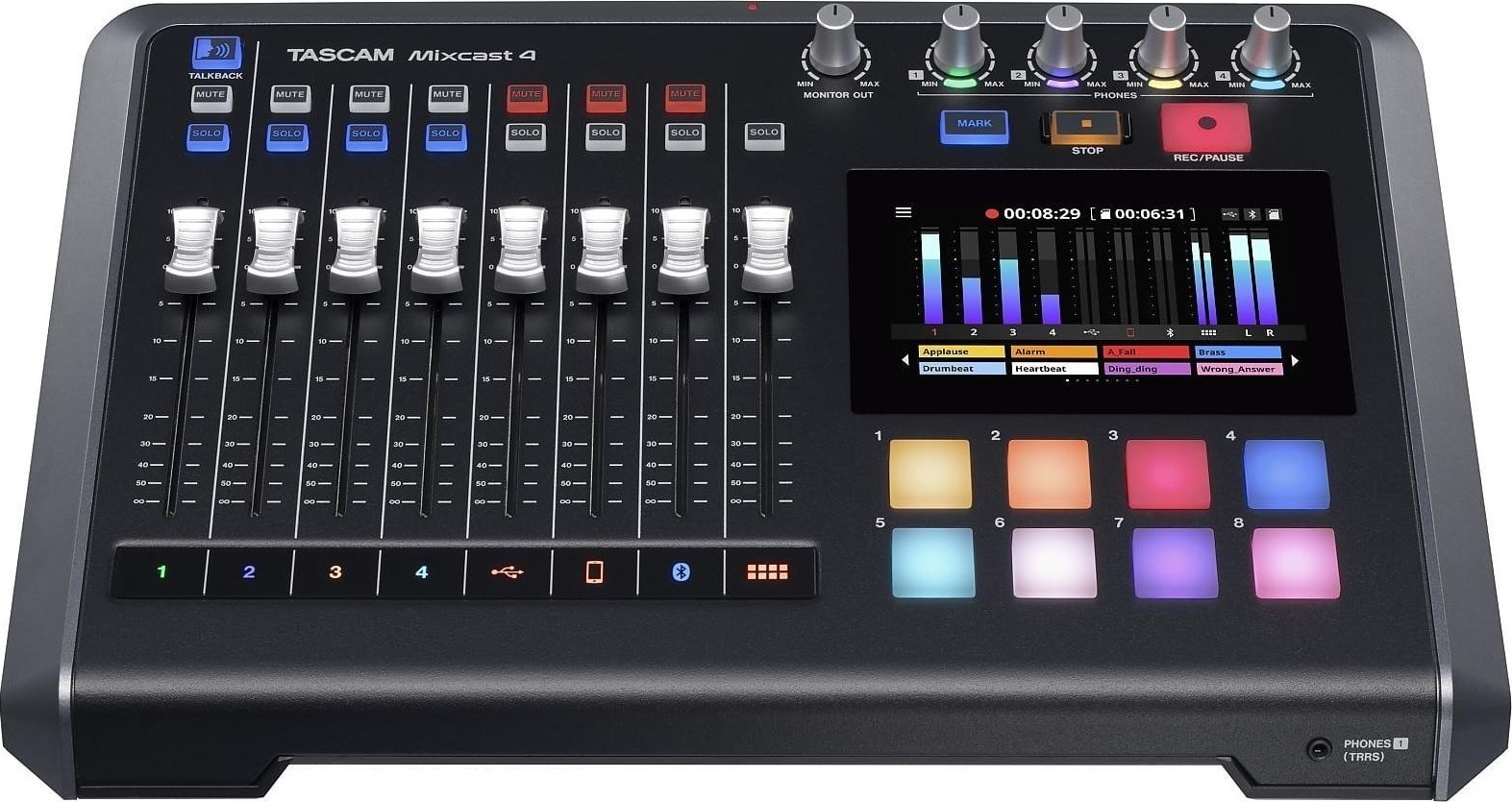 Mixer audio Tascam Mixcast 4, 4 kanale, ekran me prekje, i zi