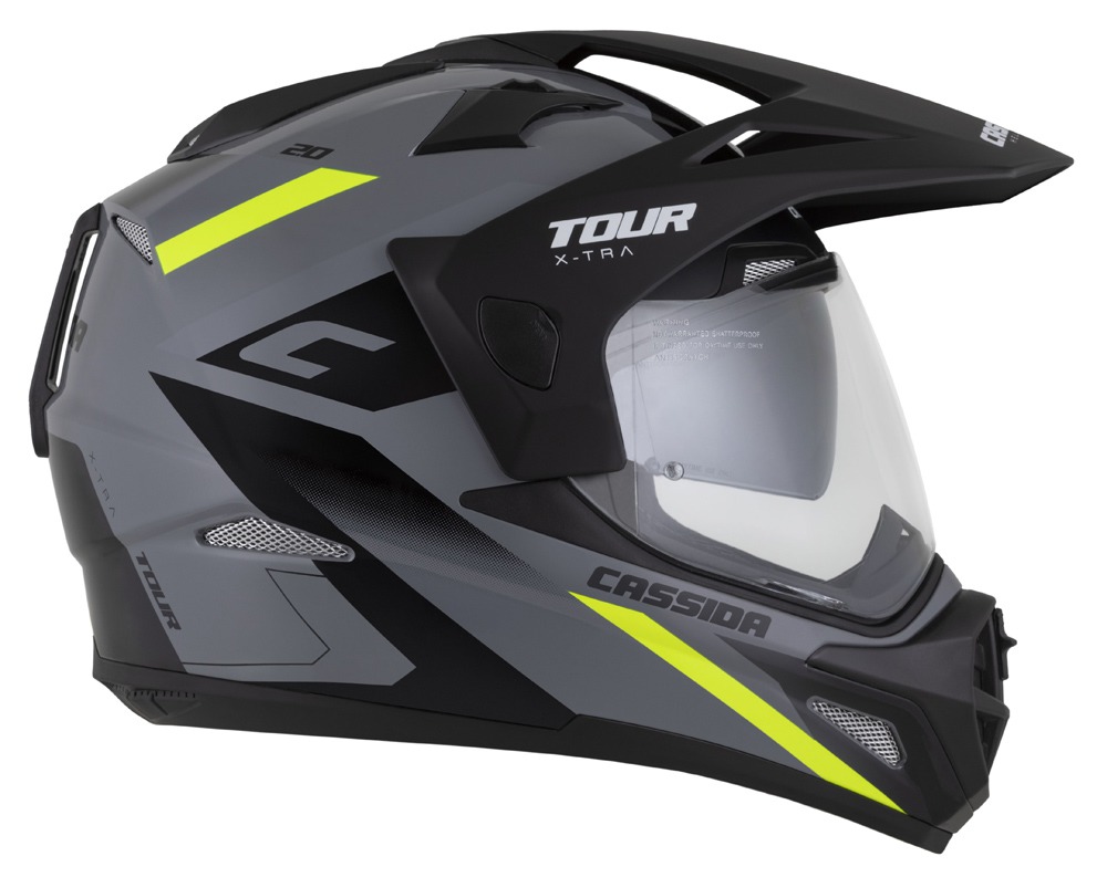 Helmetë moto Cassida Tour 2.0 X-tra, polikarbonat, vizor dielli, gri e verdhë fluo e zezë mat