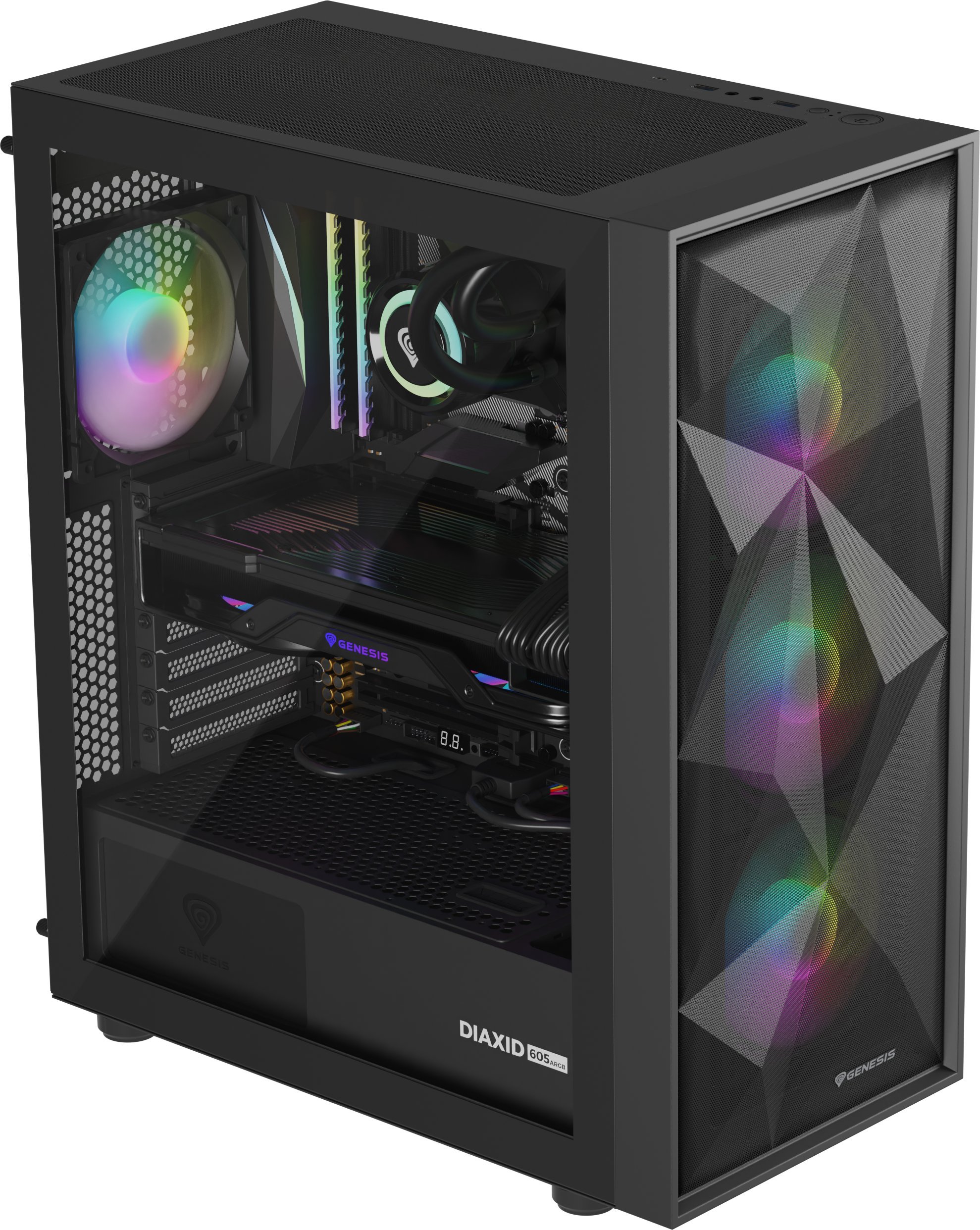 Kasa PC Genesis Diaxid 605 ARGB, ATX, 4 furrnizues 120mm, e zezë