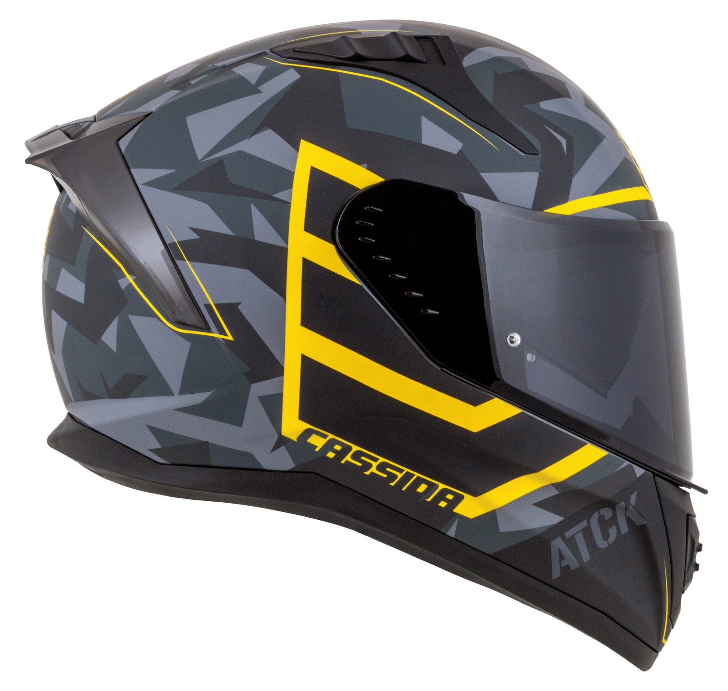 Helmetë moto CASSIDA Aero ATCK, integrale, polikarbonat, gri kamuflazh e zezë e verdhë neon